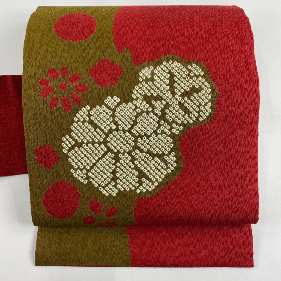 名古屋帯 美品 秀品 花 絞り 縮緬 赤 正絹 中古 : リユースセレクト  