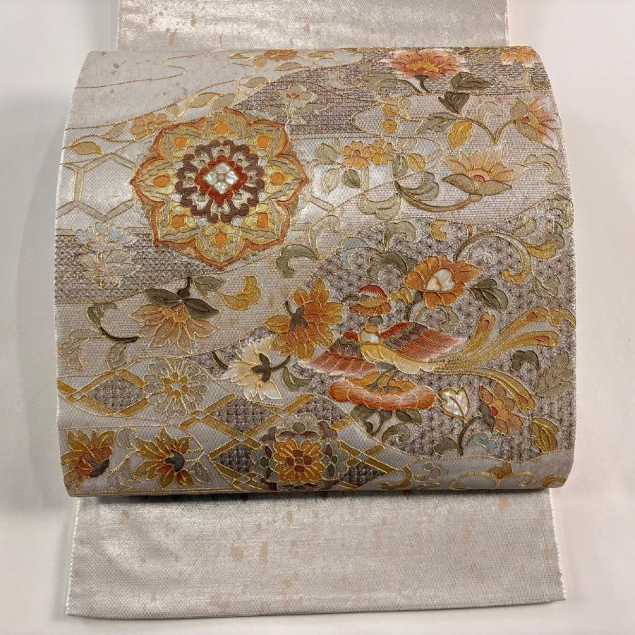 袋帯 美品 名品 華文 鳥 螺鈿 金糸 銀色 お太鼓柄 正絹 中古