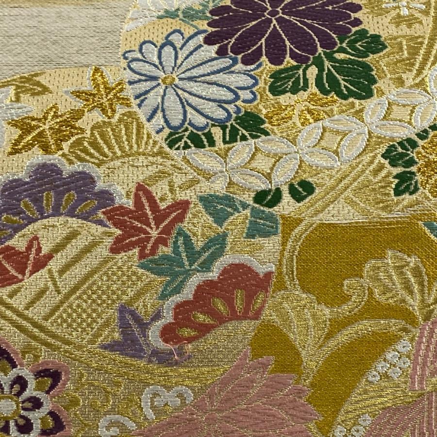 袋帯 美品 名品 振袖向き 鞠 草花 唐織 金銀糸 金色 六通 正絹 中古