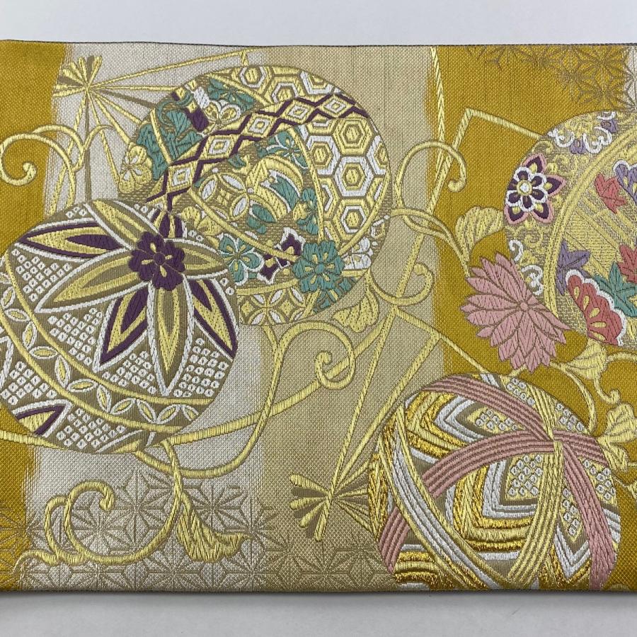 袋帯 美品 名品 振袖向き 鞠 草花 唐織 金銀糸 金色 六通 正絹 中古