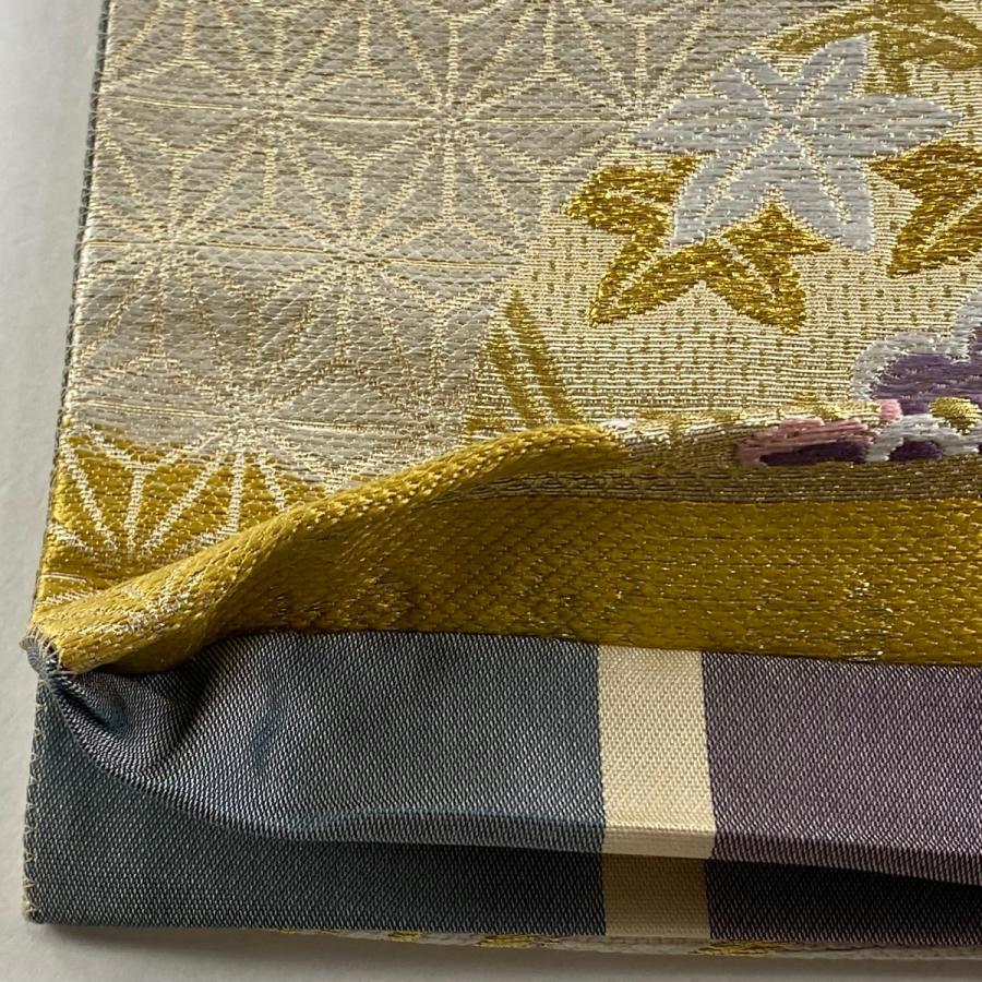 袋帯 美品 名品 振袖向き 鞠 草花 唐織 金銀糸 金色 六通 正絹 中古