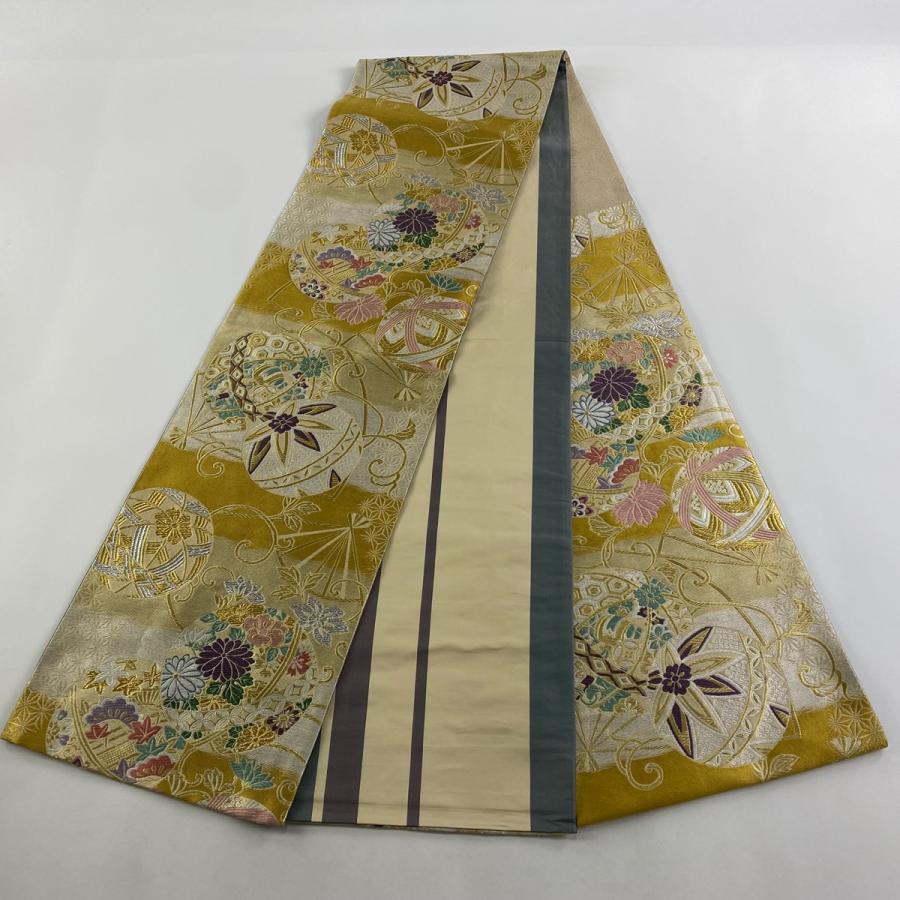 袋帯 美品 名品 振袖向き 鞠 草花 唐織 金銀糸 金色 六通 正絹 中古