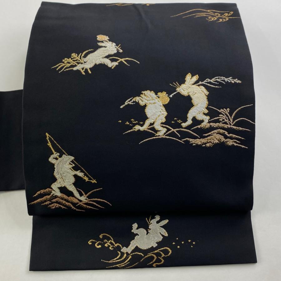 名古屋帯 逸品 鳥獣戯画 うさぎ 金銀糸 箔 黒 正絹 中古 : リユース