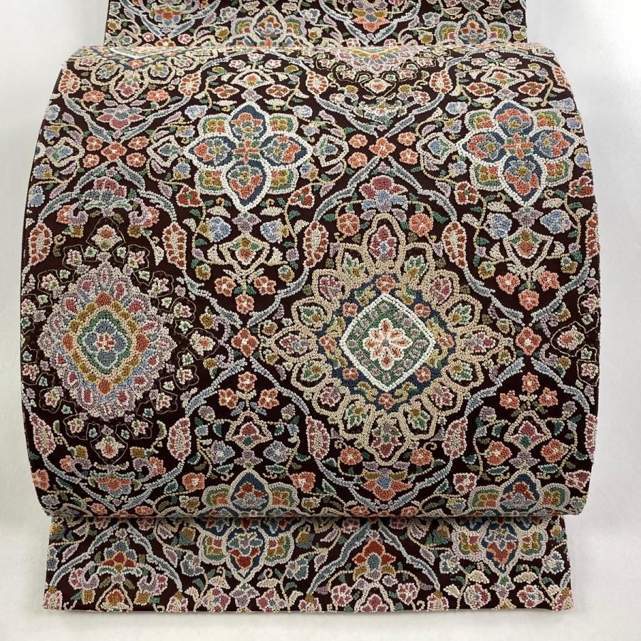 袋帯 美品 逸品 華文 草花 金糸 相良刺繍 焦茶色 六通 正絹 中古