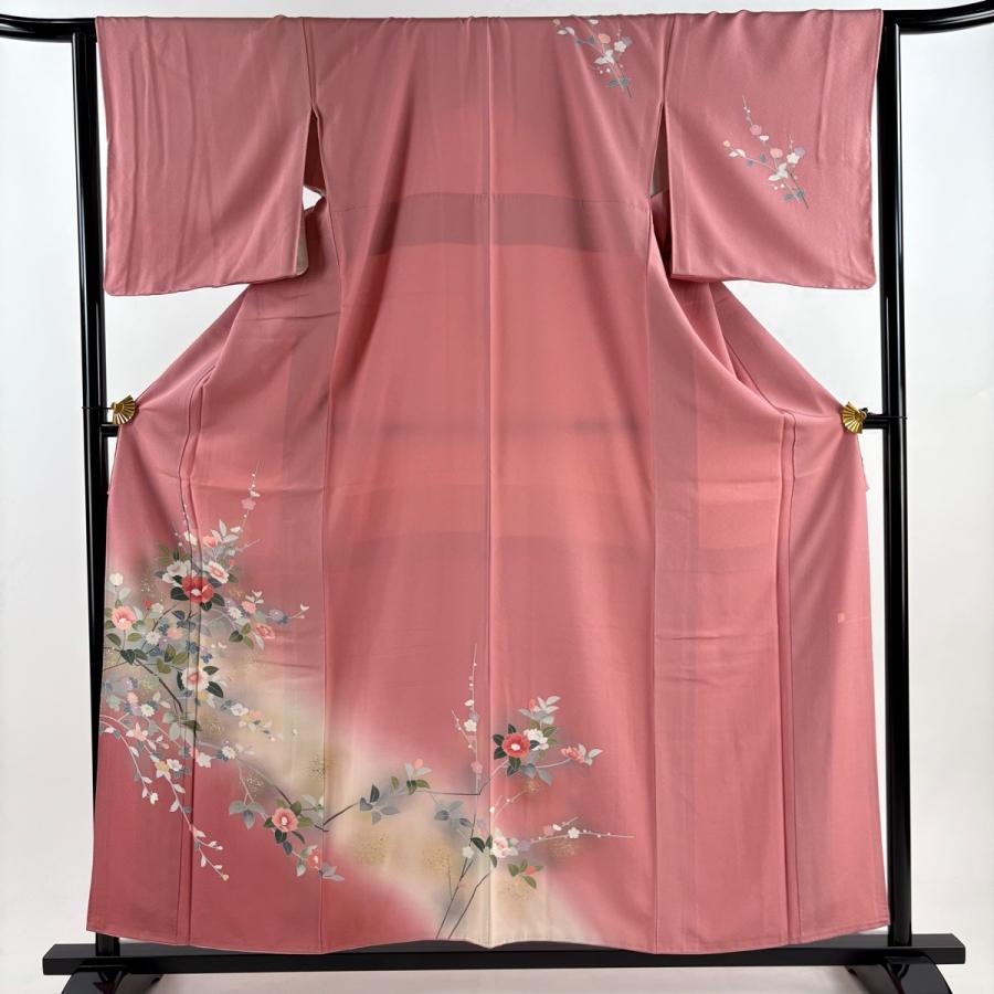 訪問着 身丈158cm 裄丈65cm M 袷 椿 菊 金銀彩 ぼかし ピンク 正絹 秀