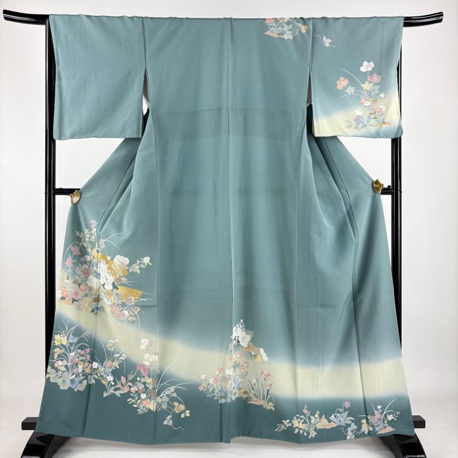訪問着 身丈162.5cm 裄丈67cm M 袷 牡丹 扇面 金銀彩 染め分け 青灰色