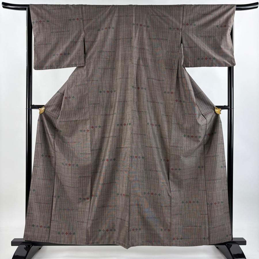 紬 身丈159.5cm 裄丈65.5cm 正絹 秀品 【中古】 紬 身丈159.5cm 裄丈65.5cm M 袷 花 縦縞 焦茶色 正絹 秀品 中古 在庫
