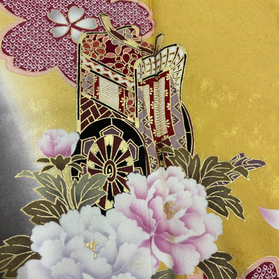 振袖 身丈167cm 裄丈70.5cm 正絹 秀品 【中古】 振袖 身丈167cm 裄丈70.5cm L 袷 桜 御所車 金彩 染め分け からし色