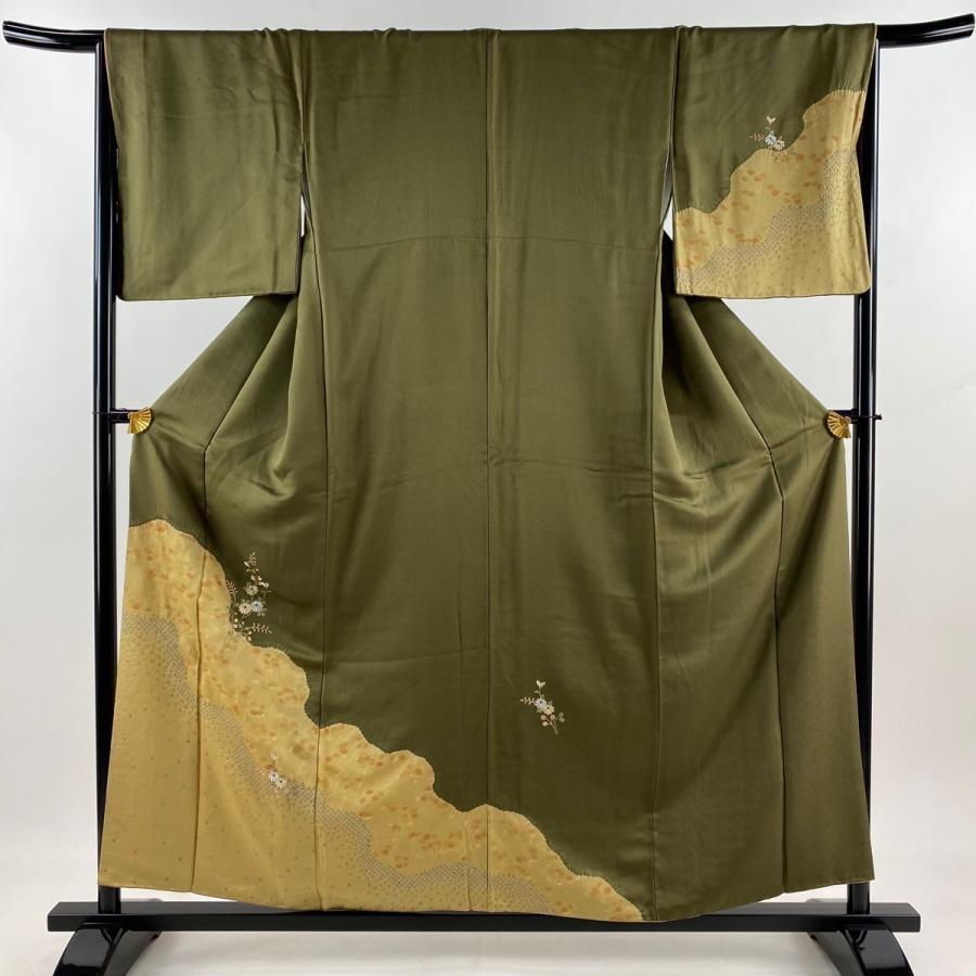 付下げ 身丈155.5cm 裄丈67cm M 袷 菊 萩 刺繍 絞り 茶緑色 正絹 秀品