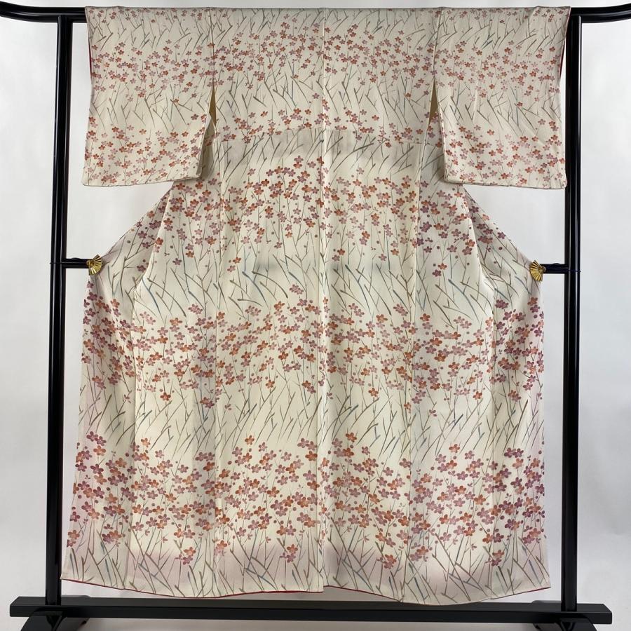美品 小紋 身丈154cm 裄丈61cm S 袷 梅 縮緬 クリーム 正絹 秀品 中古
