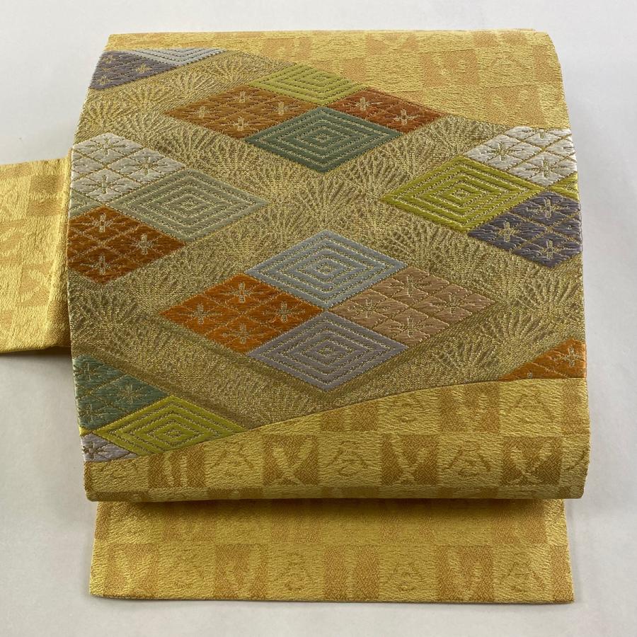 美品☆ 夏 付け帯 正絹 菱文 金彩 羅 名古屋帯 正絹 緑 刺繍