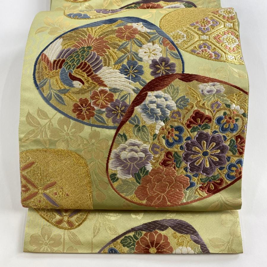 袋帯 秀品 貝合わせ 花鳥 金糸 唐織 薄緑 六通 正絹 中古 : リユース