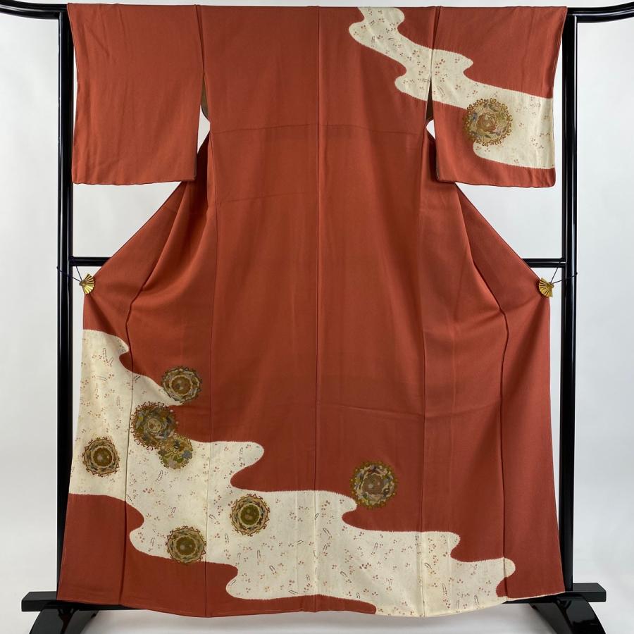 美品 訪問着 身丈161cm 裄丈63.5cm S 袷 華文 鳥 刺繍 絞り 茜色 正絹