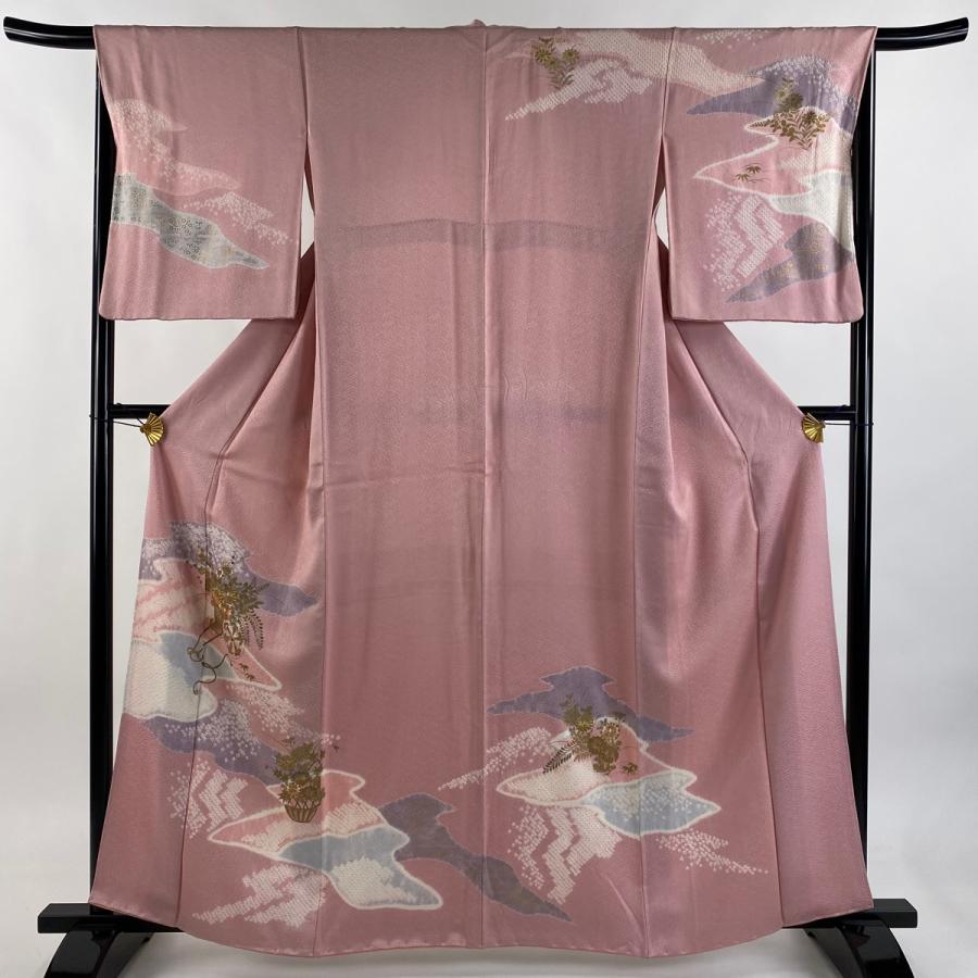 訪問着 身丈161.5cm 裄丈66.5cm M 袷 花車 霞 金糸 金彩 ピンク 正絹
