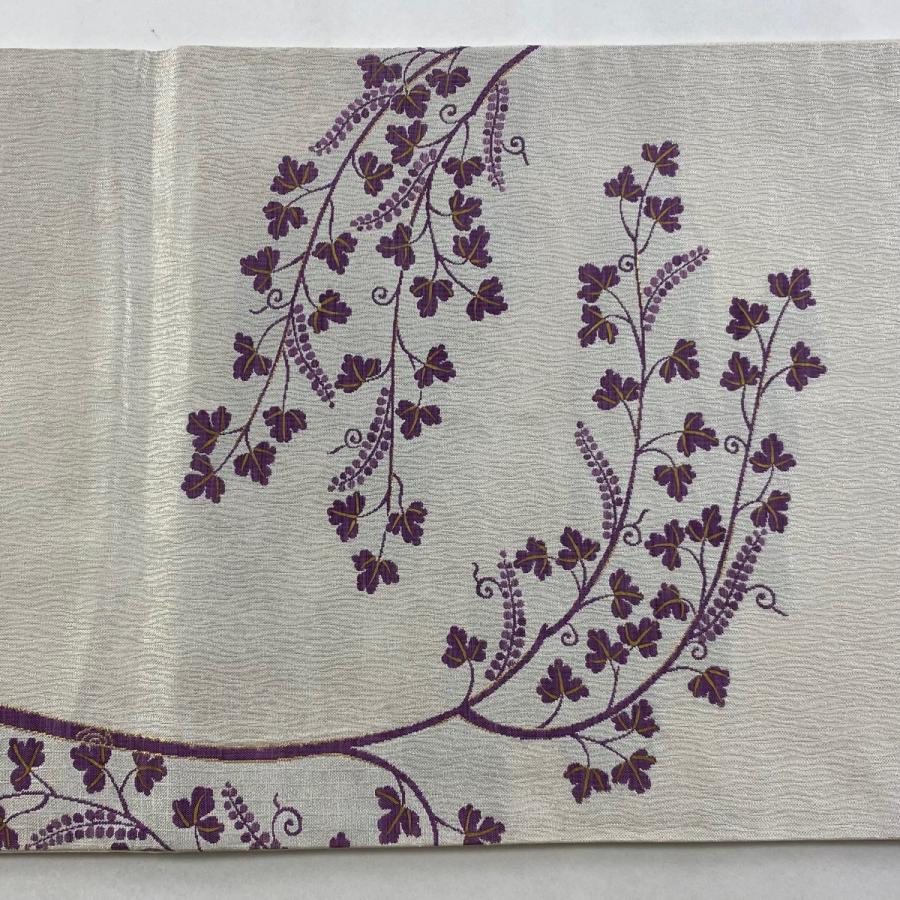 袋帯 逸品 帝王紫 落款あり 立樹文様更紗 金糸 箔 クリーム お太鼓柄