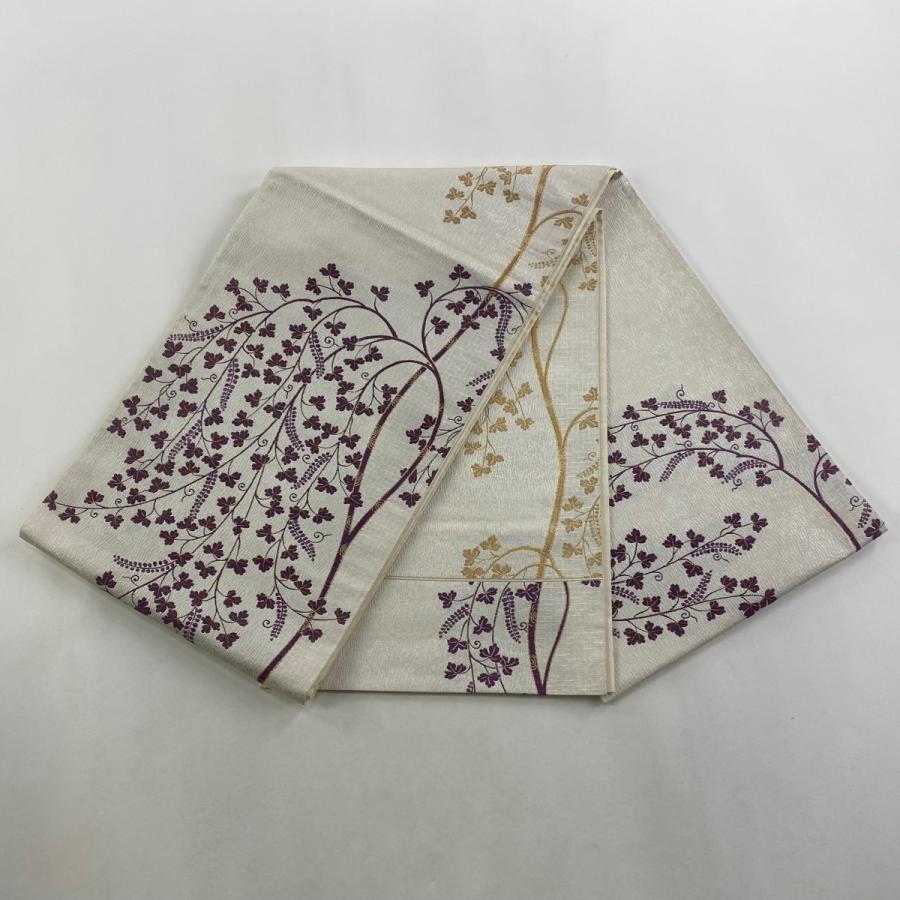 袋帯 逸品 帝王紫 落款あり 立樹文様更紗 金糸 箔 クリーム お太鼓柄