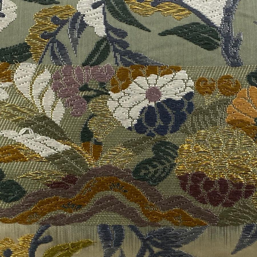 袋帯 秀品 草花 横段 金糸 唐織 ベージュ 六通 正絹 中古