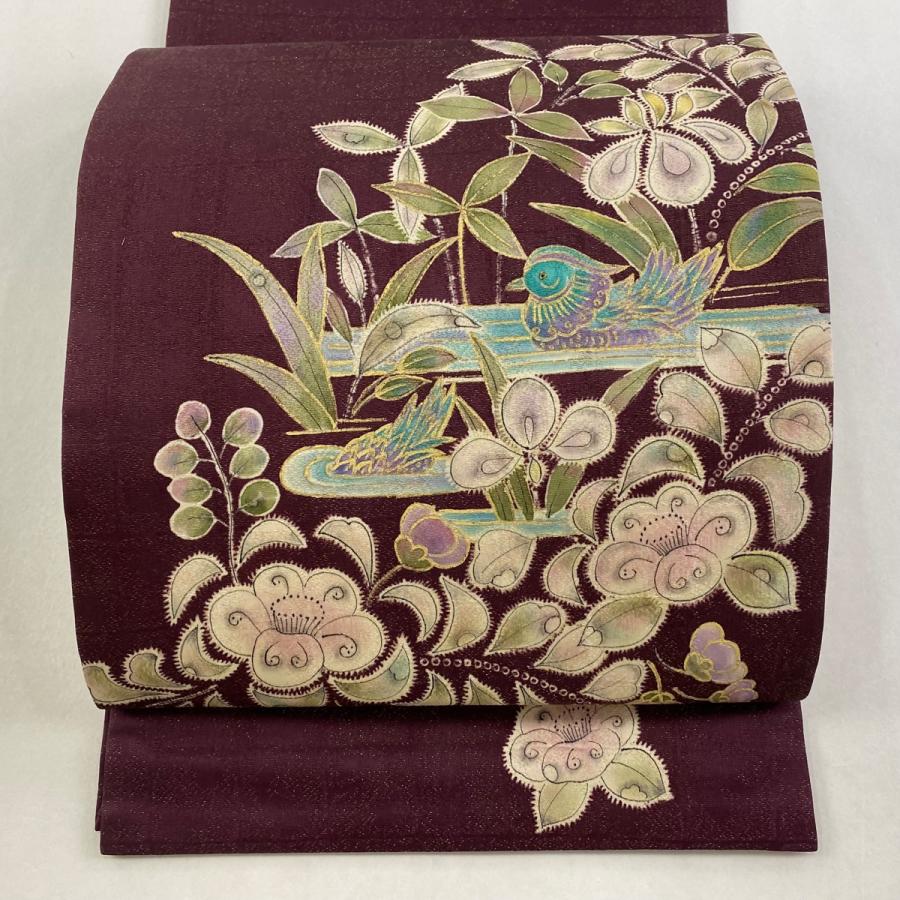 美品 開き名古屋帯 秀品 草花 鴛鴦 金糸 金彩 紫 正絹 中古 : リユース