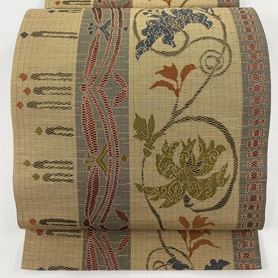 美品 名古屋帯 優品 八寸名古屋帯 トンネル仕立て 花唐草 幾何学 灰茶