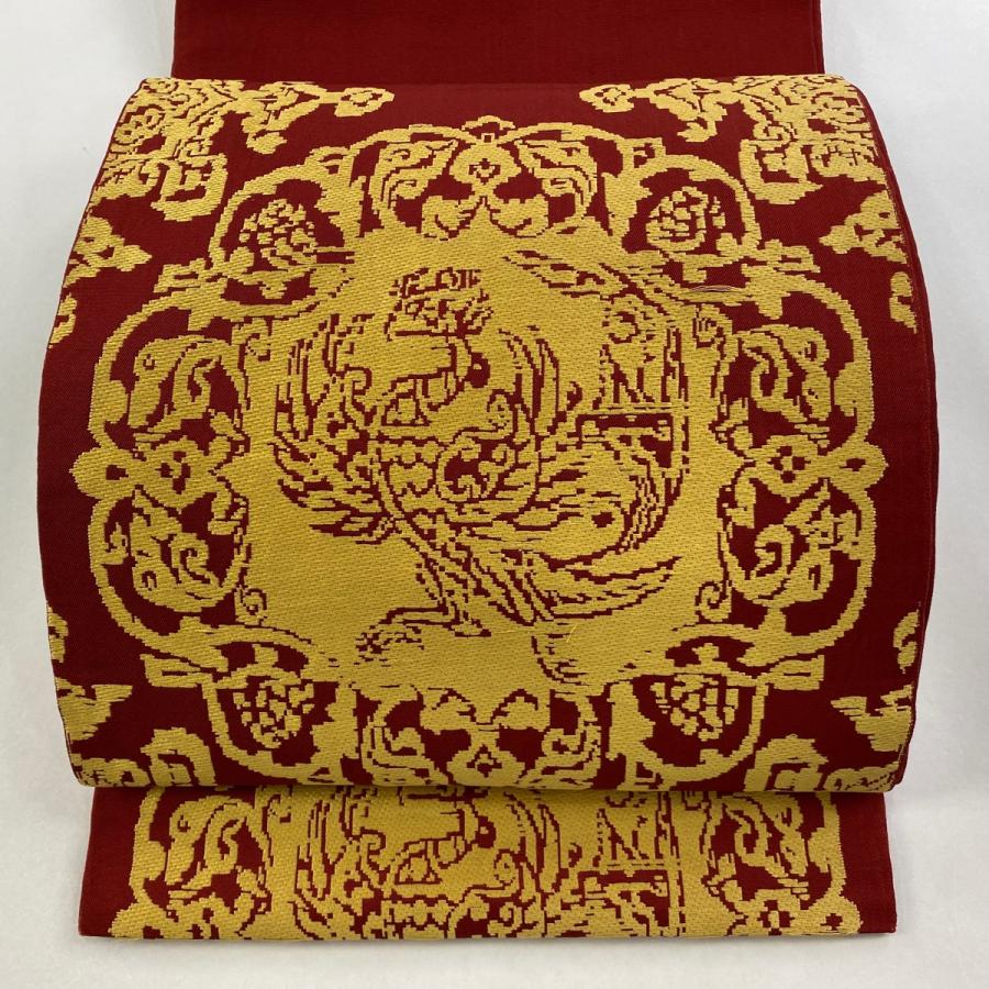 袋帯 逸品 龍村平蔵 落款あり 鳳凰 草花 赤 お太鼓柄 正絹 中古