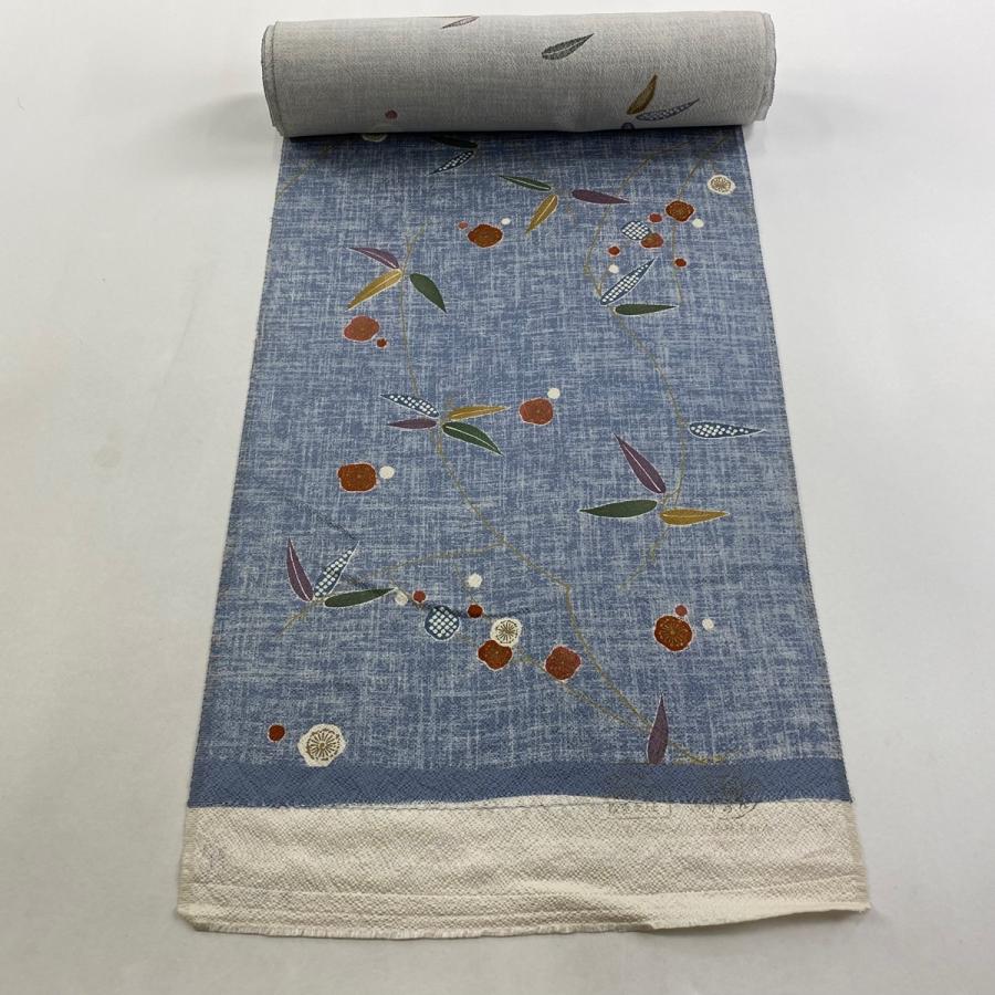 反物 秀品 小紋 笹 梅 金彩 青灰色 正絹 中古 : リユースセレクト