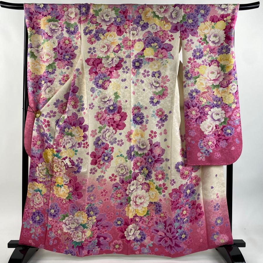 美品 振袖 身丈164cm 裄丈70cm L 袷 草花 牡丹 金通し 金彩 クリーム 