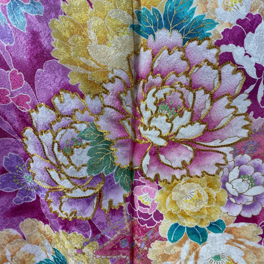 美品 振袖 身丈164cm 裄丈70cm L 袷 草花 牡丹 金通し 金彩 クリーム 