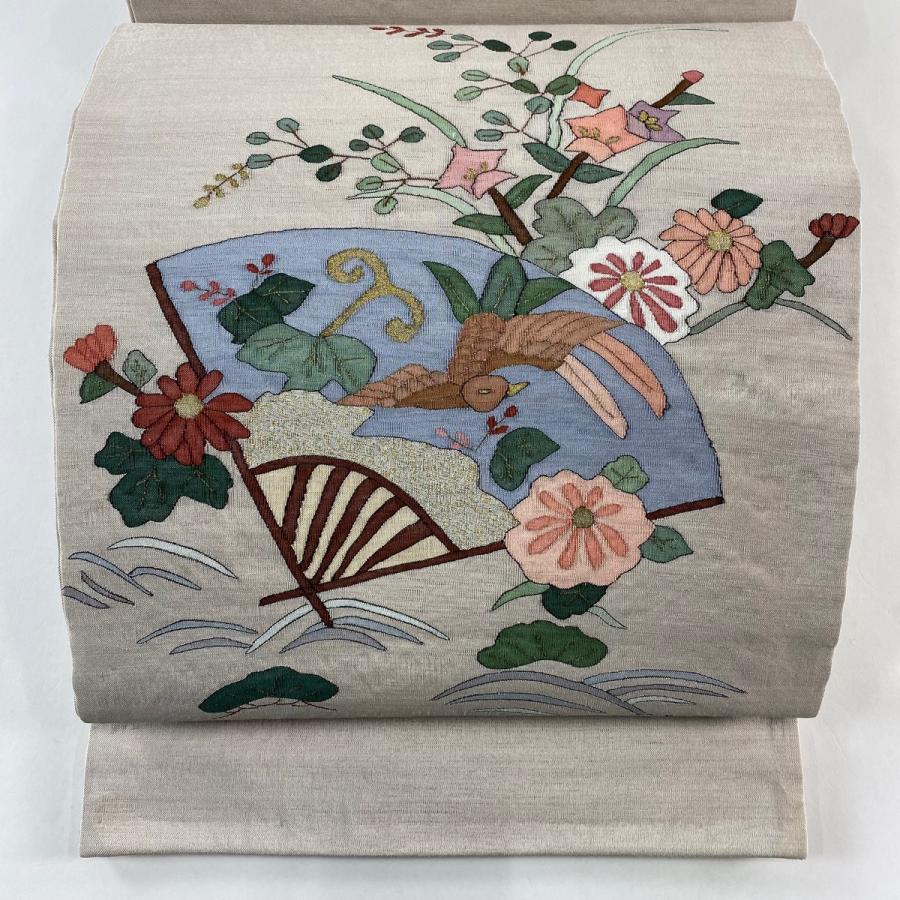 袋帯 名品 扇 花鳥 金糸 箔 薄茶色 お太鼓柄 正絹 中古 在庫一掃