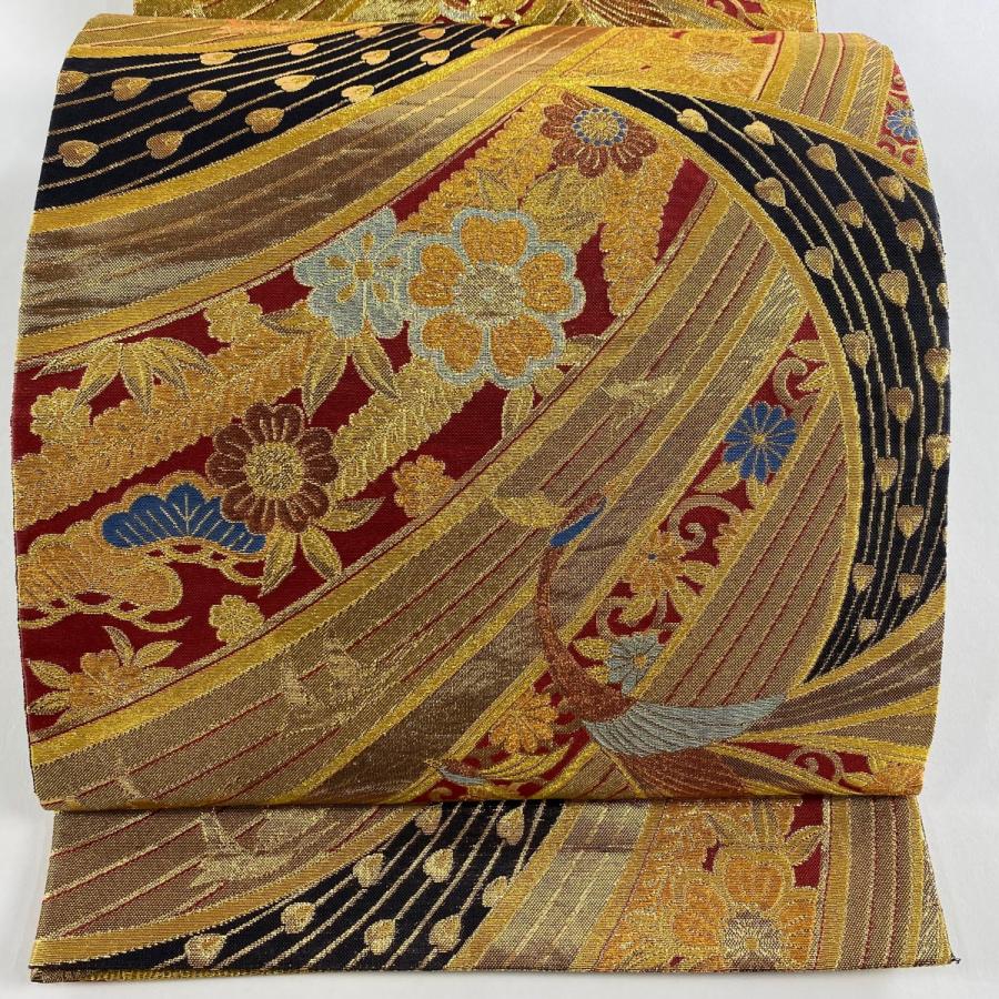 美品】 袋帯 秀品 鳥 草花 金糸 箔 金色 六通 正絹 【】 【公式通販】