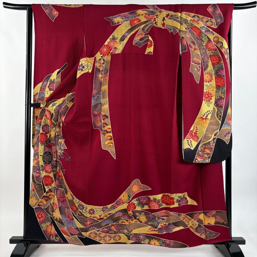 美品 振袖 身丈156cm 裄丈65.5cm M 袷 やまと 束ね熨斗 御所車 金彩