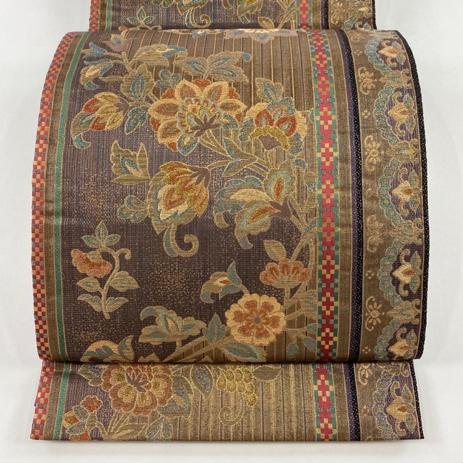 美品】 袋帯 秀品 華文 花唐草 箔 焦茶色 六通 正絹 【】 【公式通販】
