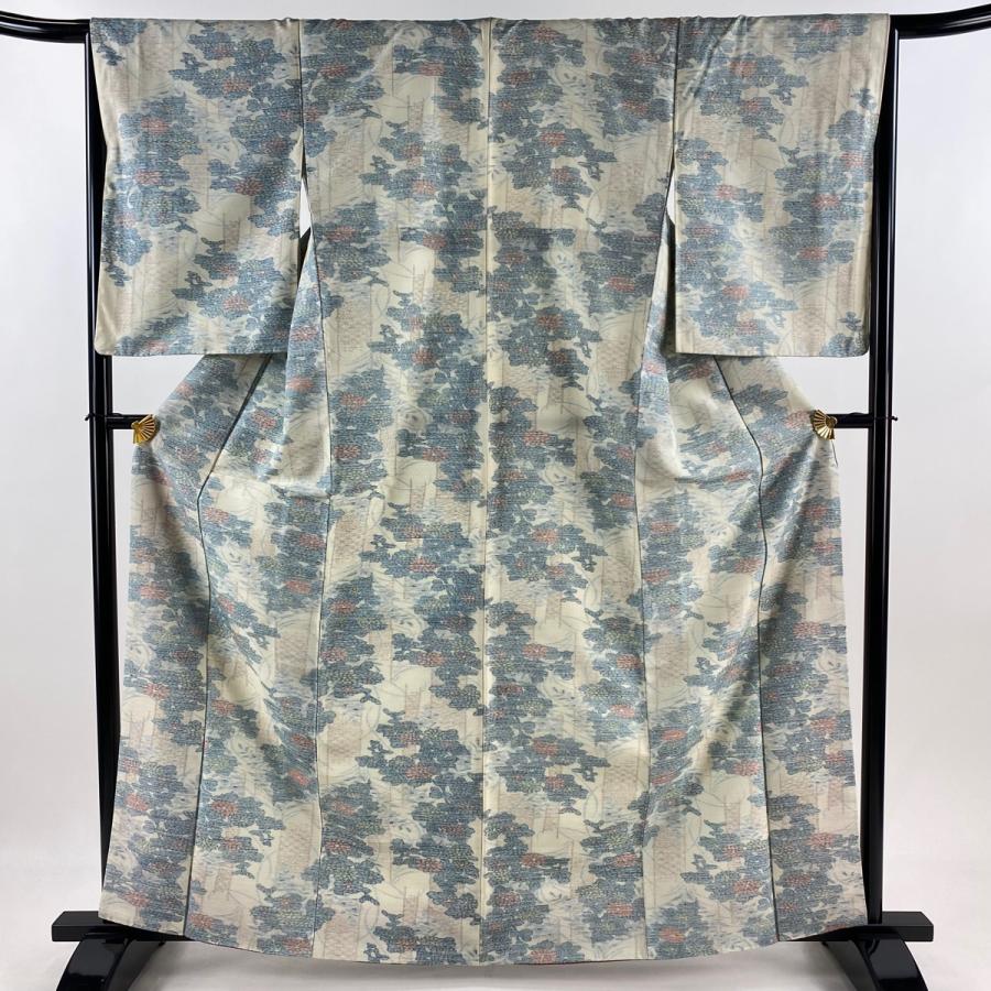 美品】 紬 身丈163cm 裄丈63.5cm S 袷 建物 樹木 灰茶 正絹