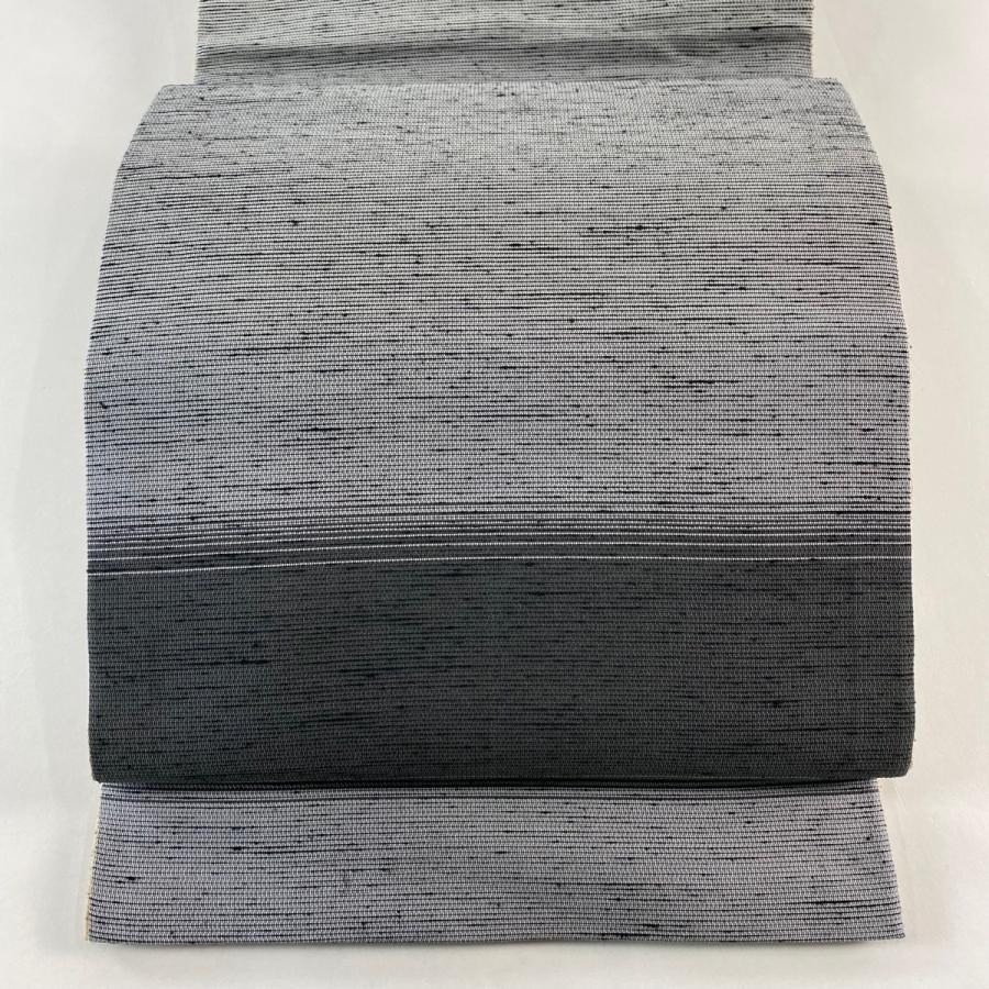 美品 袋帯 名品 紬地 縞模様 灰色 全通 正絹 中古 在庫一掃 : リユース