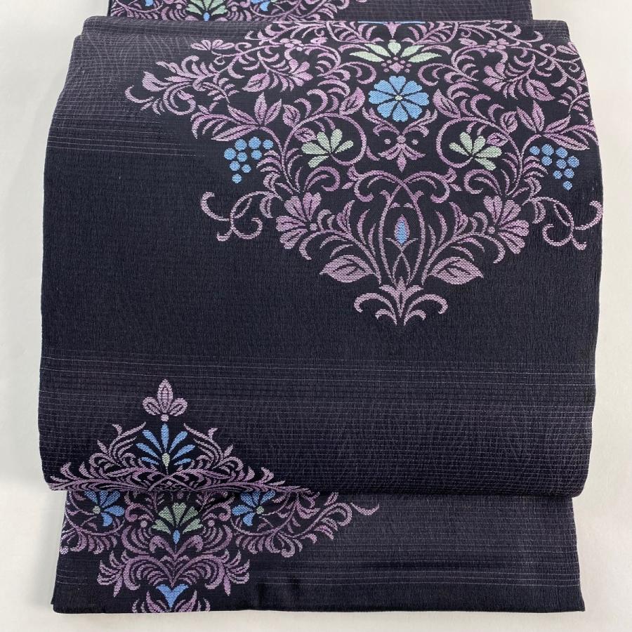 袋帯 名品 夏帯 草花 墨色 六通 正絹 中古 : リユースセレクト