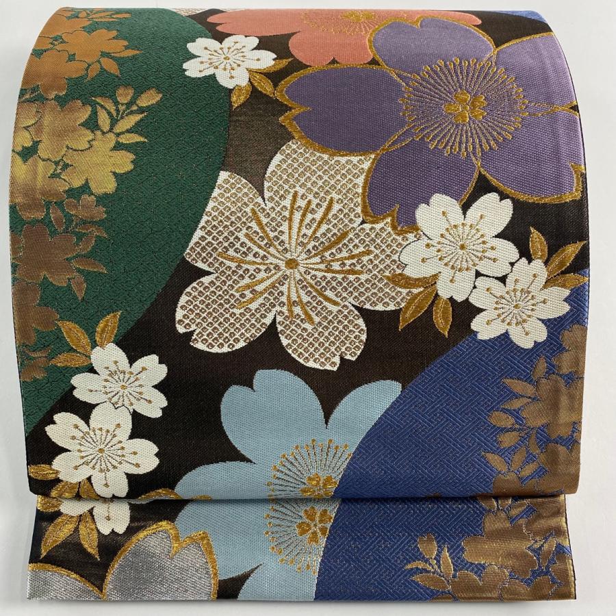 美品 袋帯 秀品 振袖向き 桜 刺繍 金銀糸 墨色 六通 正絹 中古 