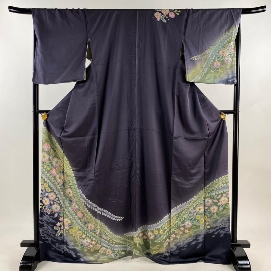 訪問着 名品 身丈172.5cm 裄丈72cm 正絹 【中古】 訪問着 身丈159cm 裄丈67cm M 袷 短冊 笹 箔 金彩 濃紫 正絹 秀品