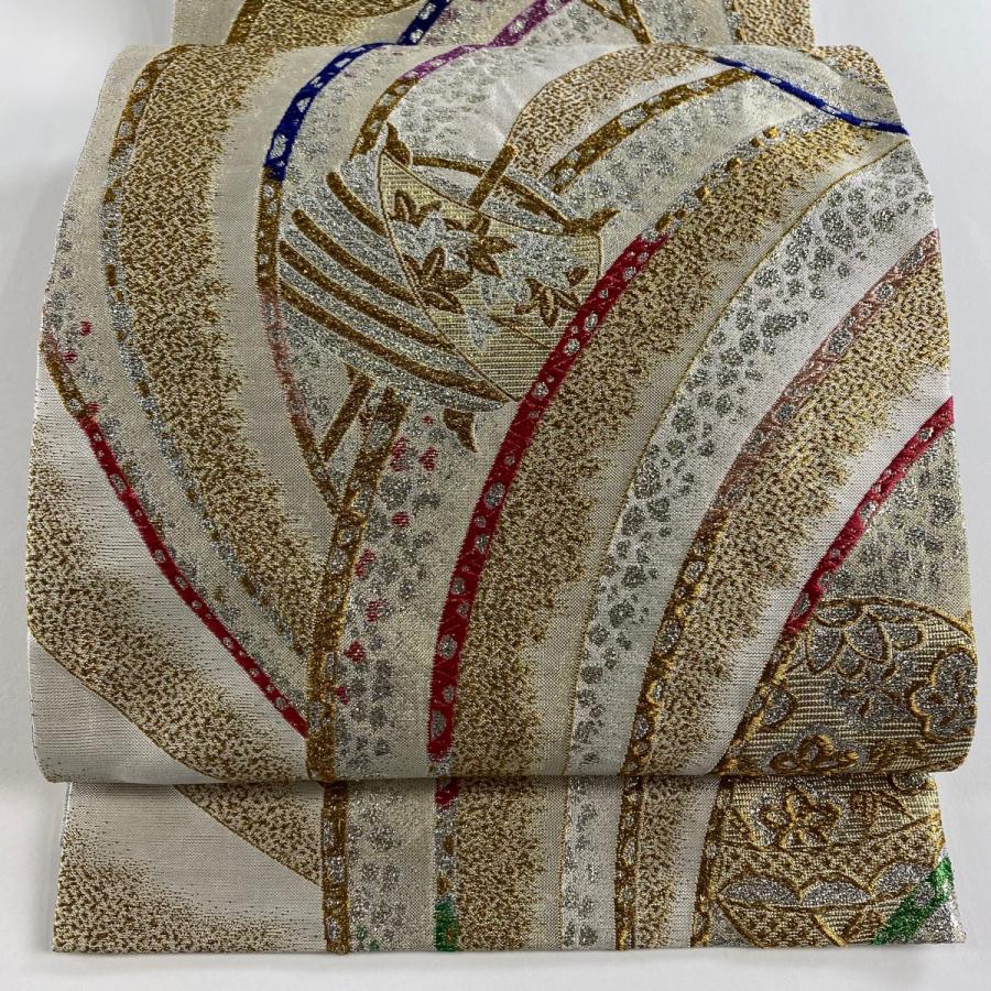 袋帯　6通　刺繍　ラメ　金糸　美品 美品 袋帯 秀品 華文 鳥 箔 金糸 金色 六通 正絹 中古 : リユース