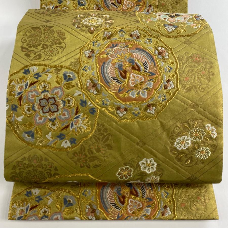 作り袋帯　付帯　唐織 袋帯 秀品 明藤浪漫 伝統工芸織 向かい鳥 華文 唐織 金糸 茶緑色 六通