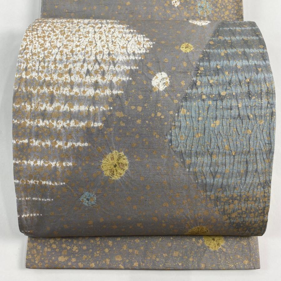 美品 袋帯 逸品 落款あり 証紙あり 牛首紬地 白山工房 箔散らし 幾何学
