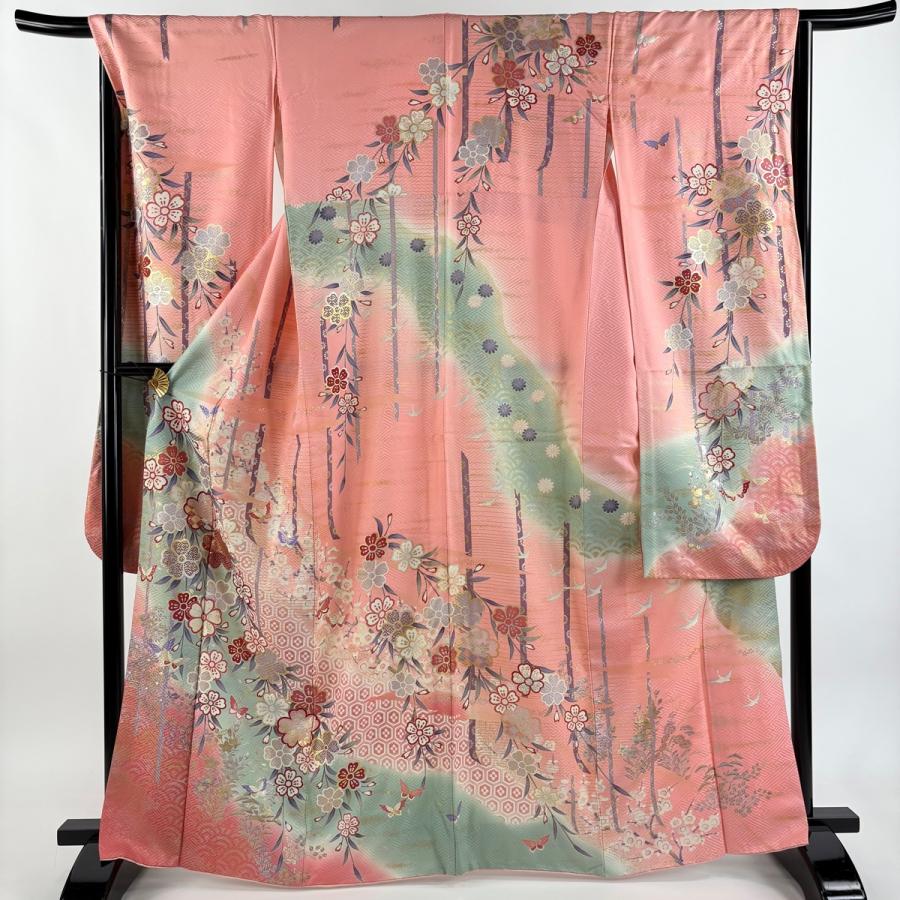 振袖 身丈163.5cm 裄丈65cm M 袷 枝垂れ桜 蝶 金銀彩 ぼかし ピンク