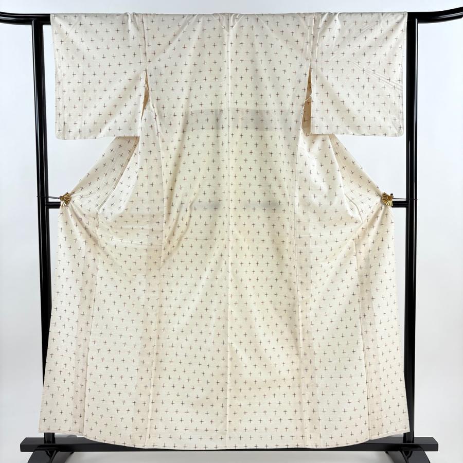 紬 身丈159cm 裄丈62.5cm S 単衣 十字絣 クリーム 正絹 秀品 中古