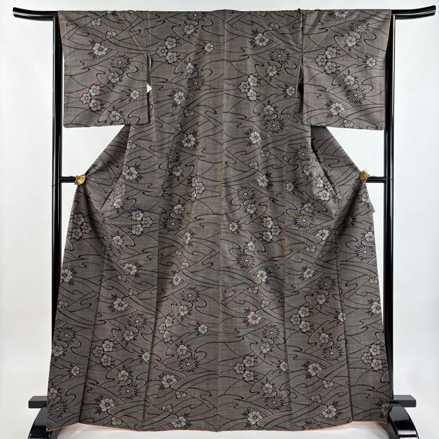 美品 大島紬 身丈169cm 裄丈64cm M 袷 純泥染 証紙あり 梅 波 焦茶色