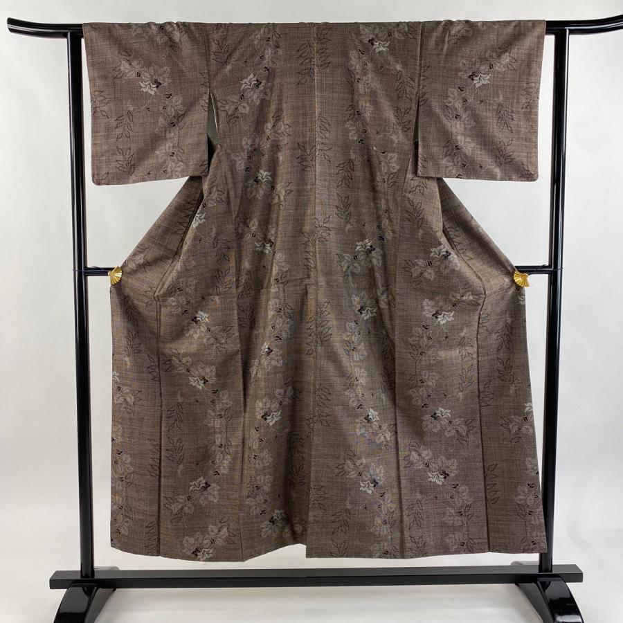 美品 紬 身丈151.5cm 裄丈62cm S 袷 草花 焦茶色 正絹 名品 中古