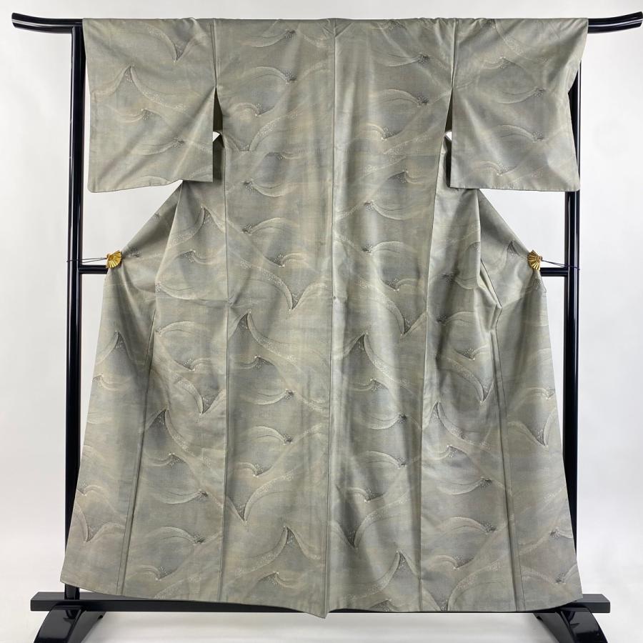 大島紬 身丈159cm 裄丈66.5cm M 袷 都喜ヱ門 証紙あり 草花 霞 灰緑