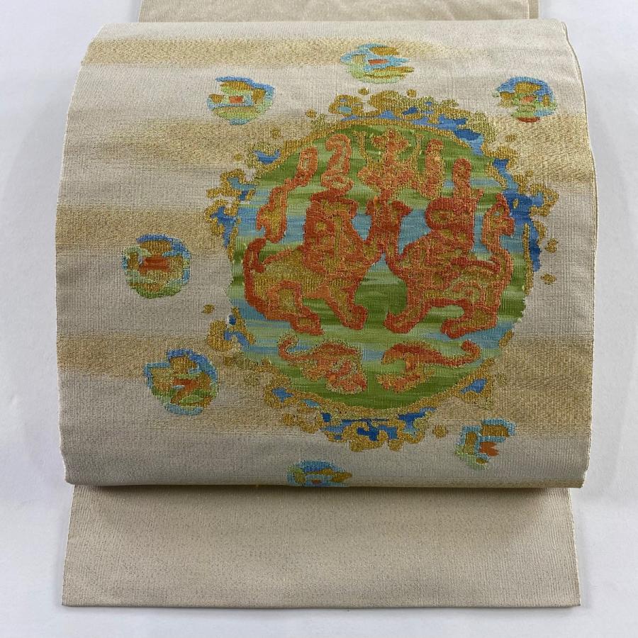 名古屋帯 秀品 川島織物 落款あり 動物 幾何学模様 金銀糸 クリーム