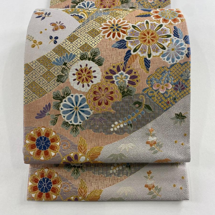 美品 袋帯 秀品 華文 草花 金糸 箔 灰紫 六通 正絹 中古 : リユース