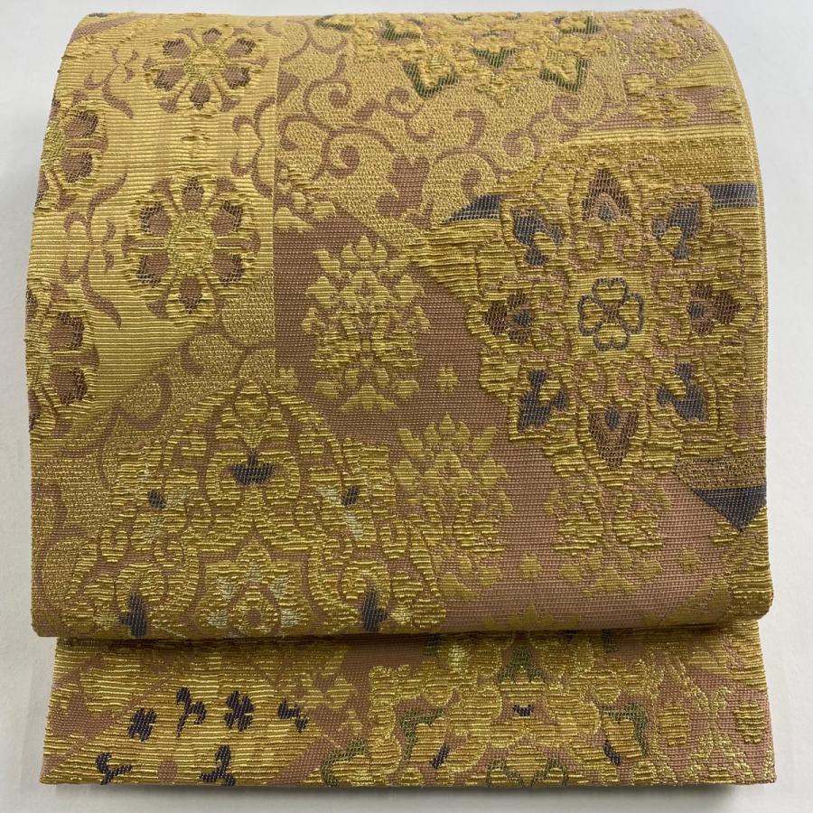 袋帯　螺鈿　礼装用　お太鼓柄　美品　華紋 美品】 袋帯 秀品 華文 花菱 螺鈿 刺繍 灰緑 お太鼓柄 正絹 【中古