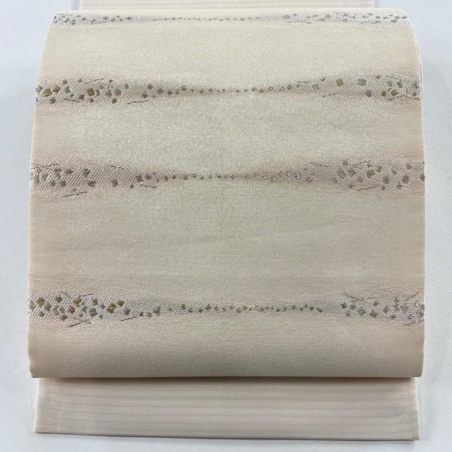 美品 袋帯 名品 落款あり 夏帯 絽 吹き寄せ 金銀糸 ピンクベージュ