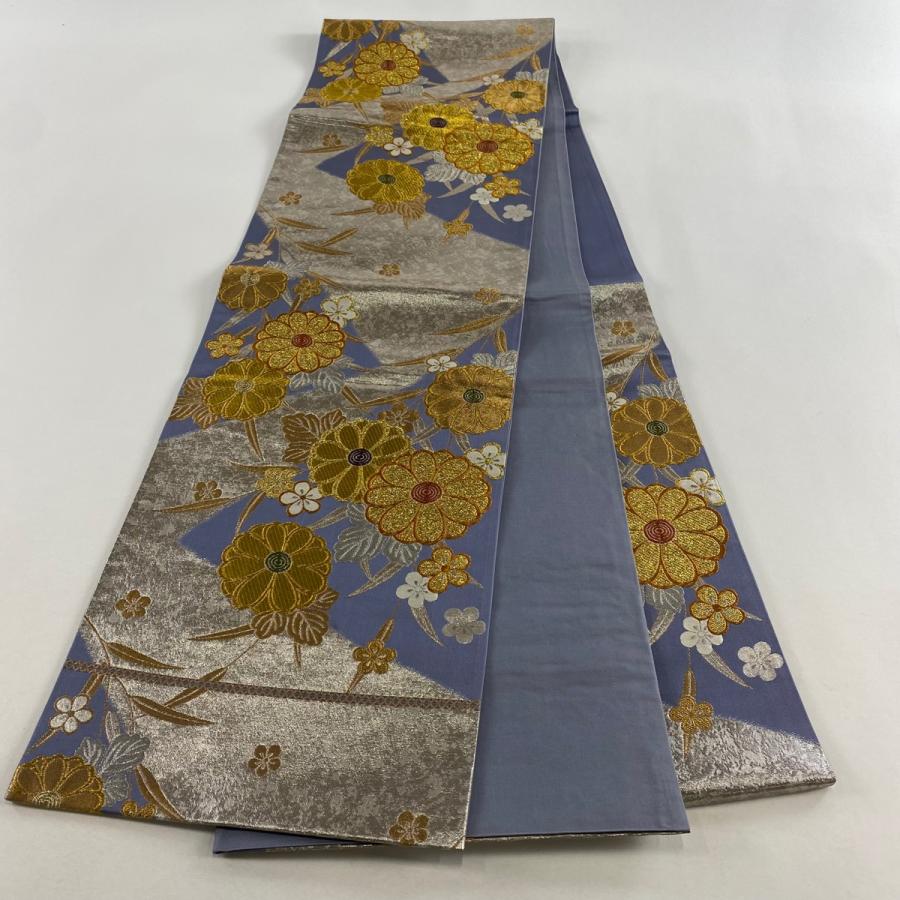 美品 袋帯 秀品 草花 梅 金銀糸 箔 紫 六通 正絹 中古 在庫一掃