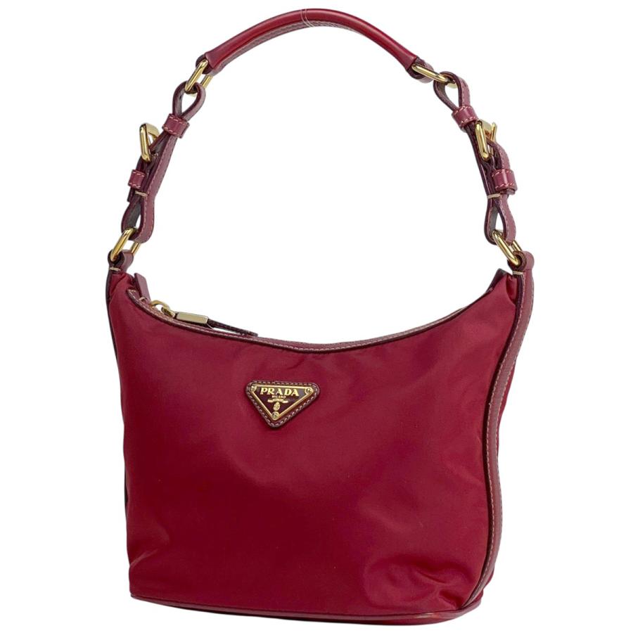 プラダ ロゴプレート ハンドバッグ レッド レザー レディース PRADA 【中古】 PRADA（プラダ） ロゴプレート ハンドバッグ 手提げ ショルダーバッグ